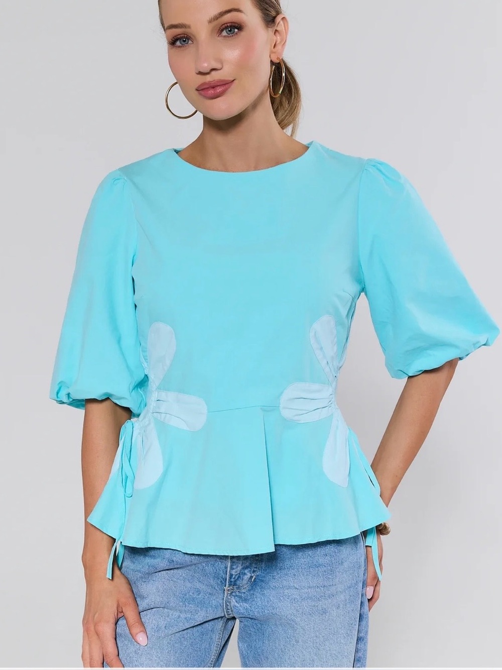 Strut & Bolt Aqua Puff-Sleeve Peplum Blouse with Side Tie Detail - Women's